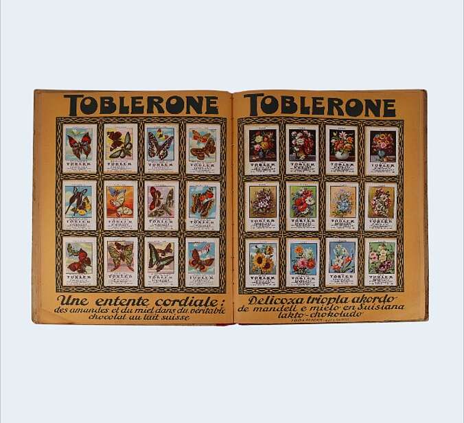 Eine Seite des Sammelalbums Albumo di Reklamo Marki di Societo Anonima Chokolada Tobler Bern Suisia".