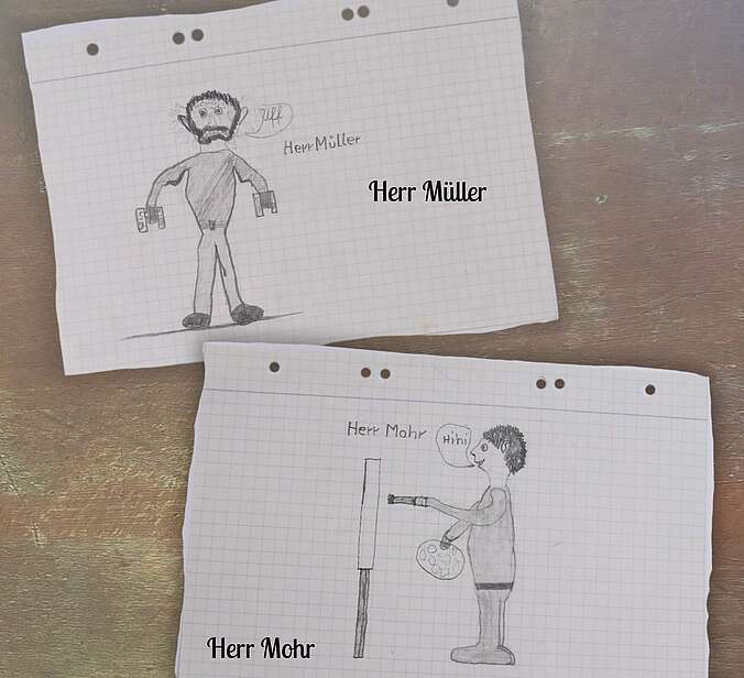 Zwei Schülerzeichnungen von zwei Lehrern.