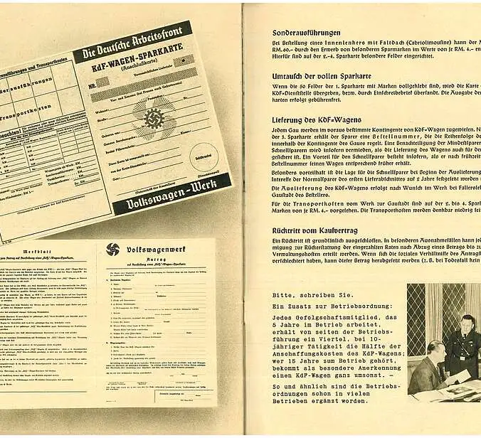 EIne DOppelseite des Magazins. Es wird die Sparkarte für den KdF-Wagen behandelt.