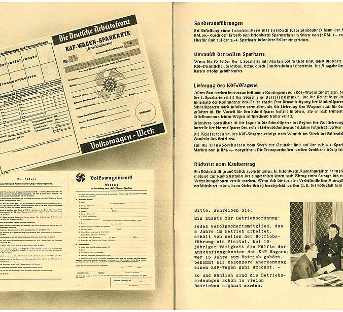 EIne DOppelseite des Magazins. Es wird die Sparkarte für den KdF-Wagen behandelt.