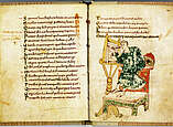 Altes Schriftstück mit Zeichnung eines schreibenden Mönches