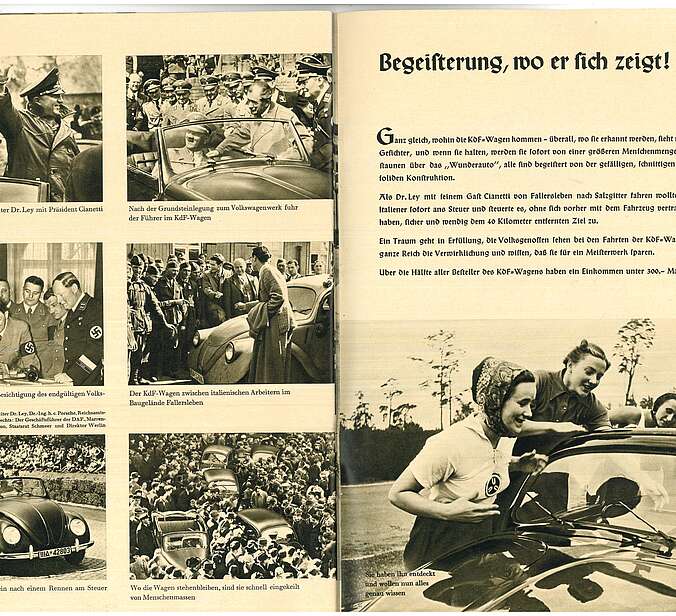 Zwei Seiten aus dem Magazin. Es sind mehrere schwaz-weiß Fotos auf denen Leute um das Auto stehen zu sehen.