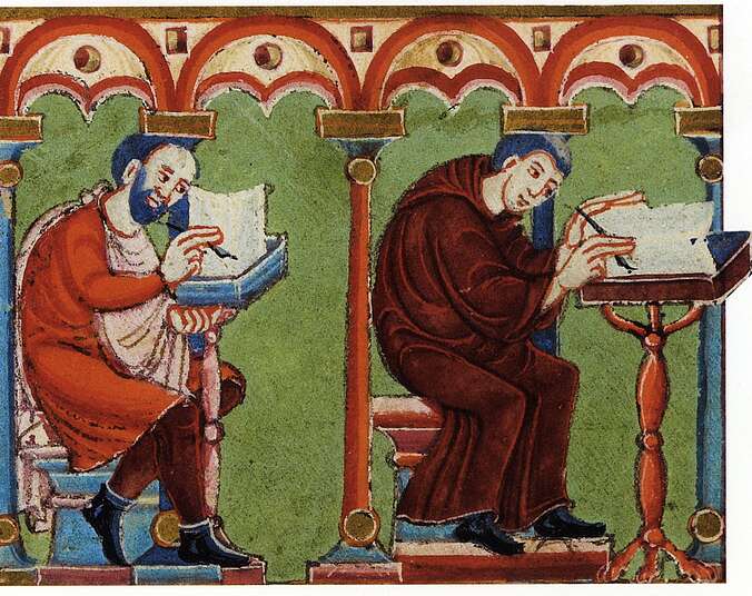 Abbildung von zwei schreibenden Mönchen