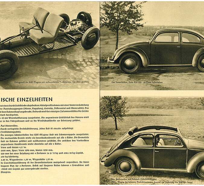 Sine Doppelseite aus dem Magazin. Darin sind mehrere schwaru-weiß Fotografien des KdF-Wagen zu sehen. Im danebenstehenden Text geht es um die Technik des Autos.