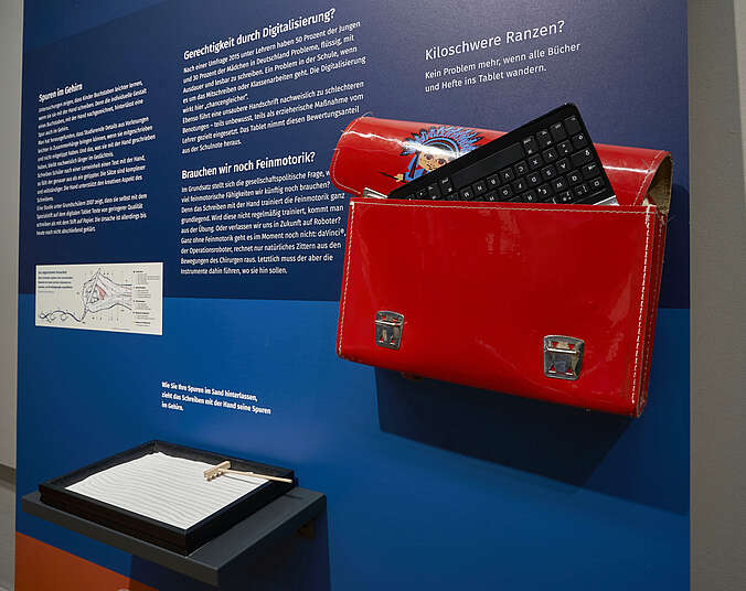 Alte, rote Schultasche mit Papier in der Ausstellung „Schreiben“