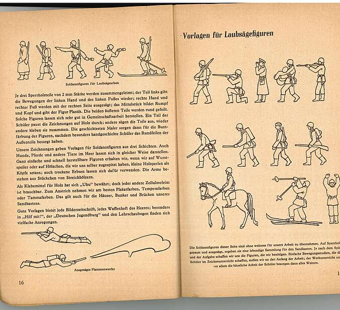 Eine Doppelseite des "Sandkastenhandbuch." Auf ihr sind mehrere Strich-Zeichnungen von Soldaten mit Gewehren und ähnlichem zu sehen.