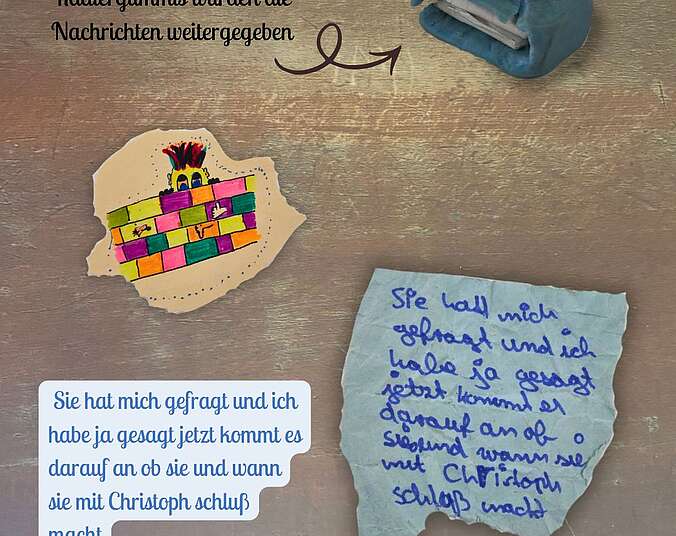 Ein kleines blaues Radiergummi, das ausgehöhlt wurde um Zettel zu transportieren, Eine Schülerzeichnung, ein beschriebener Zettel.