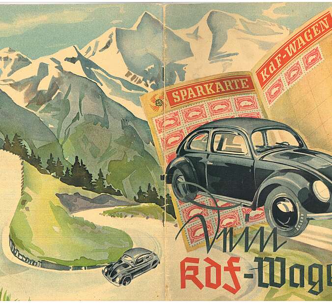 Vorder- und Rückseite des Magazins "Mein KdF-Wagen". Darauf ist eine Zeichnung von einer Berglandschaft zu sehen auf der der KdF-Wagen fährt. Darüber ist ein Sparheft abgedruckt.