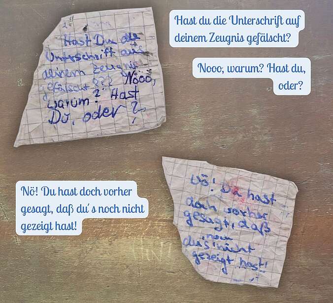 Vorder- und Rückseite eines karierten beschriebene Zettels.