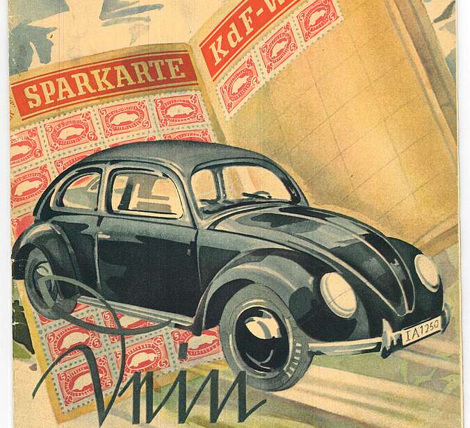 Das Covereines Magazins,das den Titel trägt: "Mein KdF-Wagen".. Es ist eine Zeichnung eines KdF-Wagens und einer Sparkarte zu sehen.