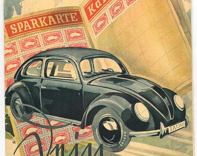 Das Covereines Magazins,das den Titel trägt: "Mein KdF-Wagen".. Es ist eine Zeichnung eines KdF-Wagens und einer Sparkarte zu sehen.