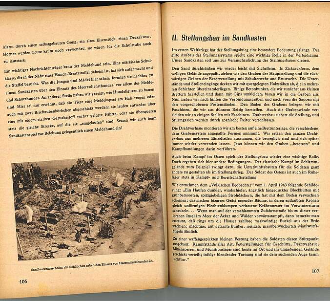 Eine Doppelsteite des "Sandkastenhandbuch." Der Titel ist "Stellungskampf im Sandkasten".