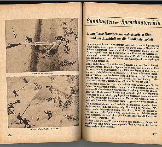 Eine Doppelseite des "Sandkastenhandbuch". Die Überschrift lautet "Sandkasten und Sprachunterricht."