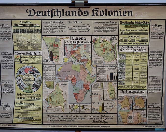 Schulwandbild mit Landkarte der deutschen Kolonien.