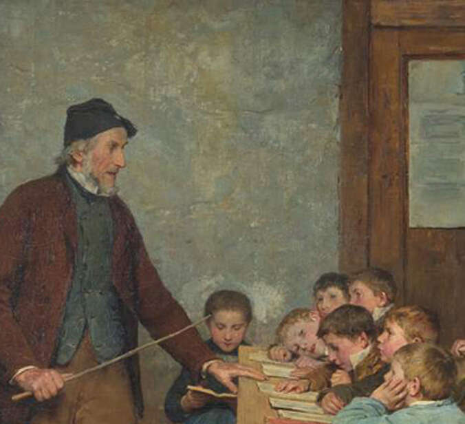 Mehrere Kinder in Schulbank, davor Lehrer mit Stock.